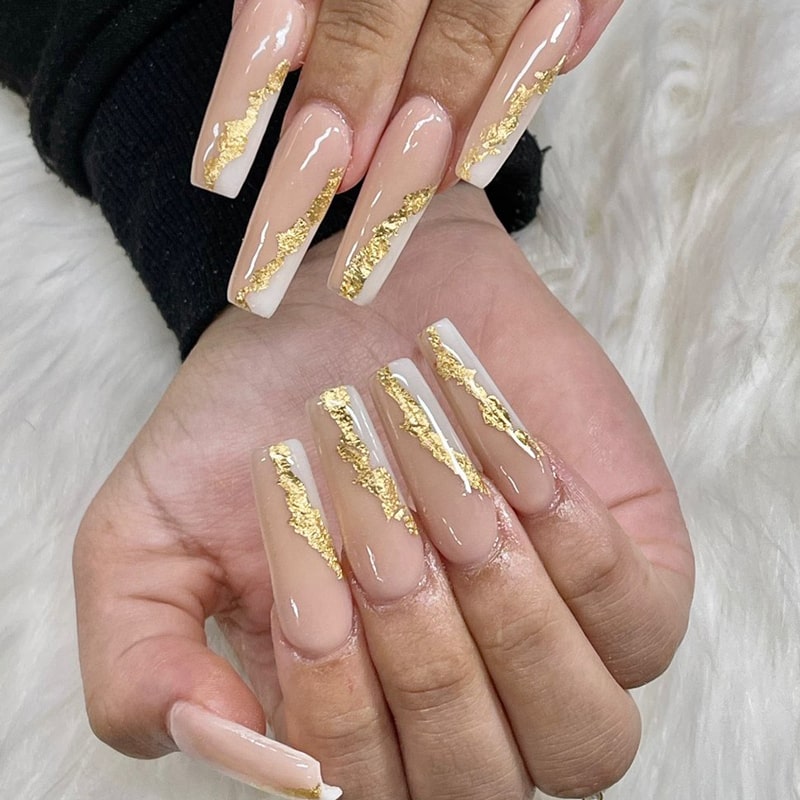 Nude and white nails with gold foil details